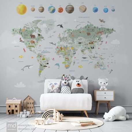 Фотообои с картой мира: интерьер детской комнаты