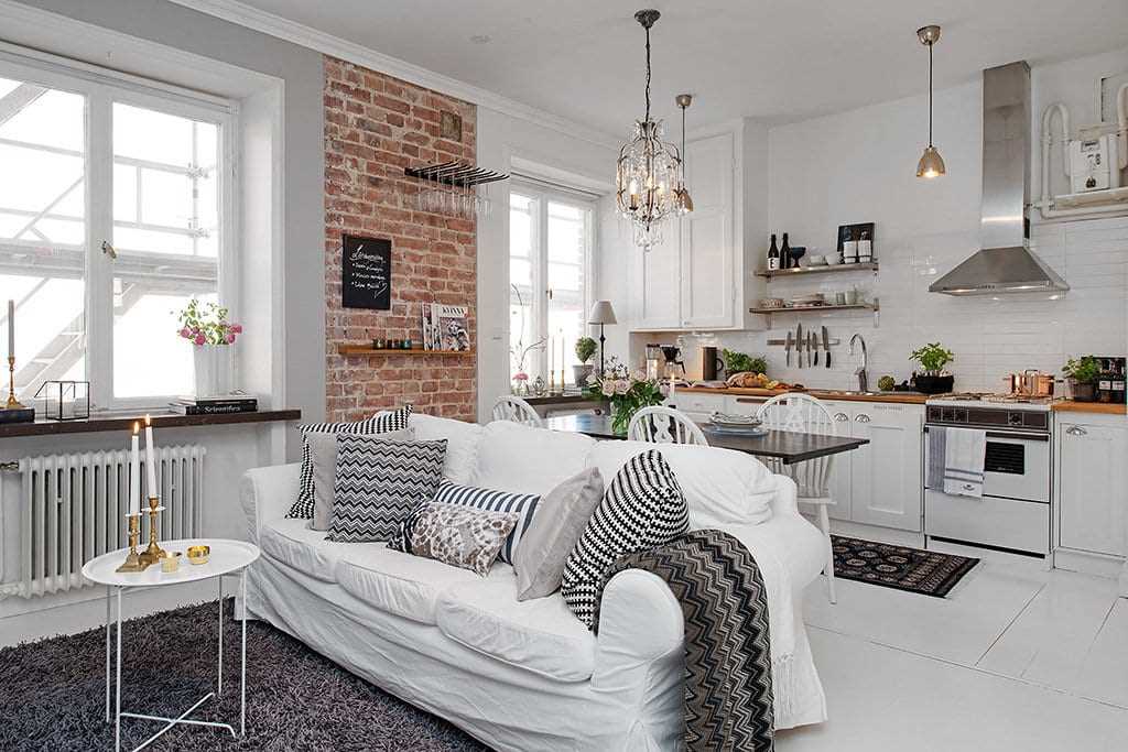 Мебель и аксессуары для кухни-гостиной в скандинавском стиле