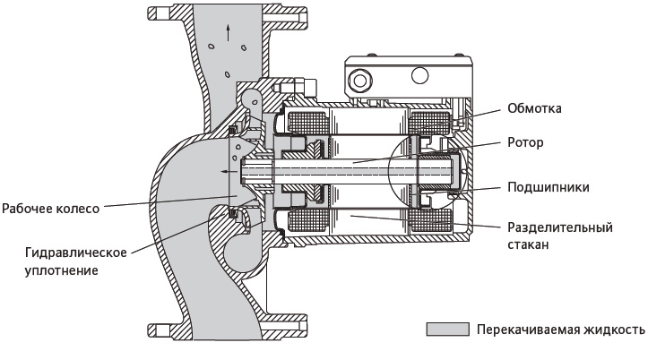 Схема устройства циркуляционного насоса, имеющего сухой ротор
