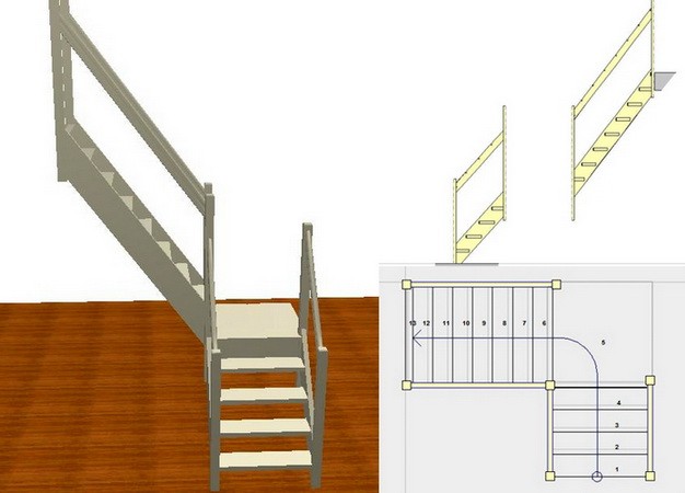 Устройство и расчёт межэтажной лестницы частного дома. Лестница Г- образной формы с промежуточной площадкой.